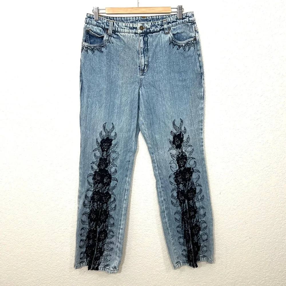 Vintage Y2K Jeanology Jeans Flare Black Lace Size 12